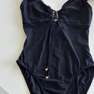 Karla Coletto Black Rhinestone C Neck  One Piece Swimsuit Size 10